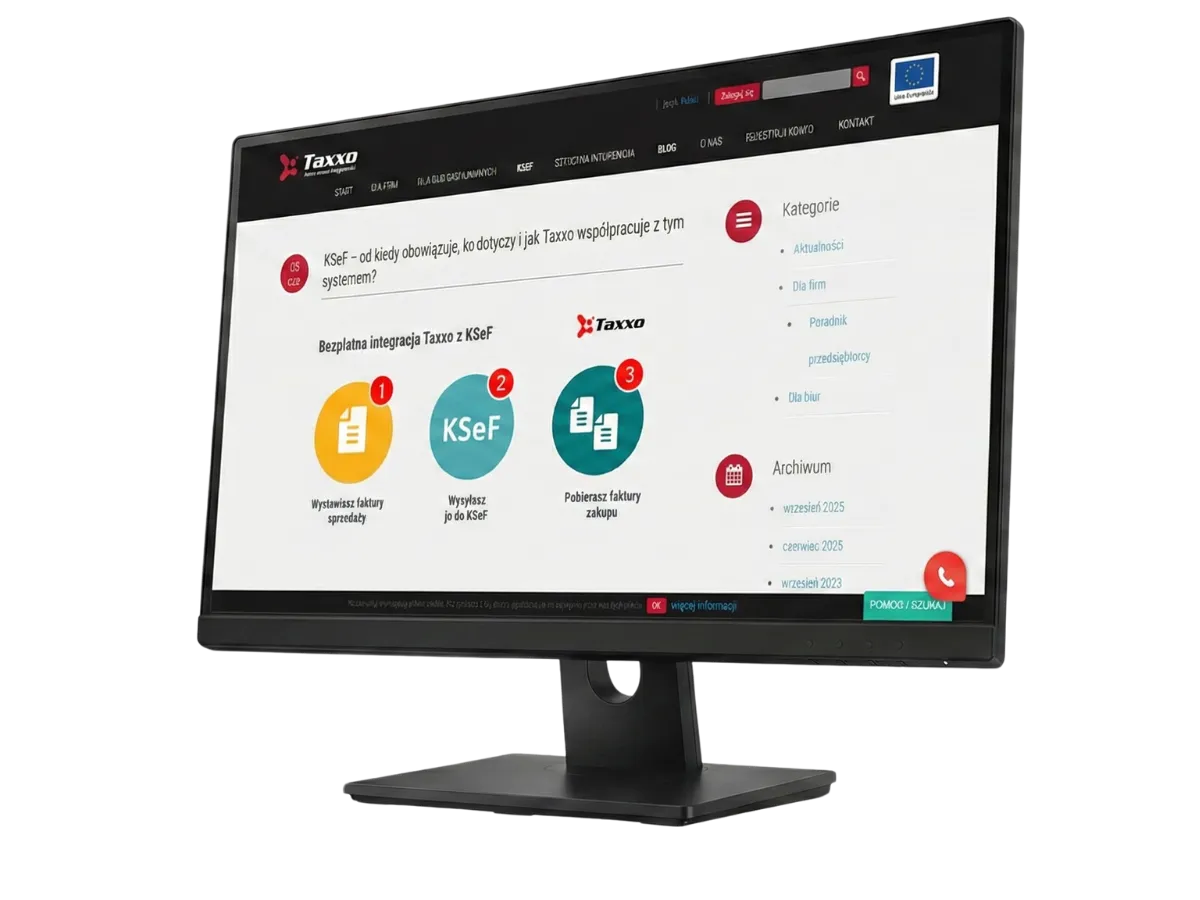 Czarny monitor komputerowy ustawiony pod kątem, wyświetlający napis "KSeF Krajowy System e-Faktur"